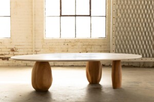Concrete Coffee Table with Carved Wood Base